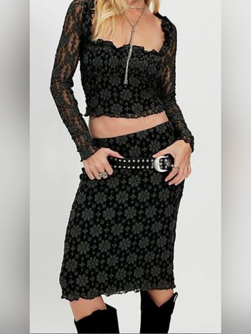 Free People Lace Midi Scirt And Long Sleeve Top Set